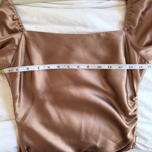 EMORY PARK Bronze Brown Satin Slinky Cinch Side Mini Dress Long Sleeve S - Picture 3 of 10